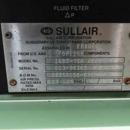 Sullair 16BS-75H ACAC LS-16 75HP Rotary Screw Air Compressor 3Ph 480V Tested