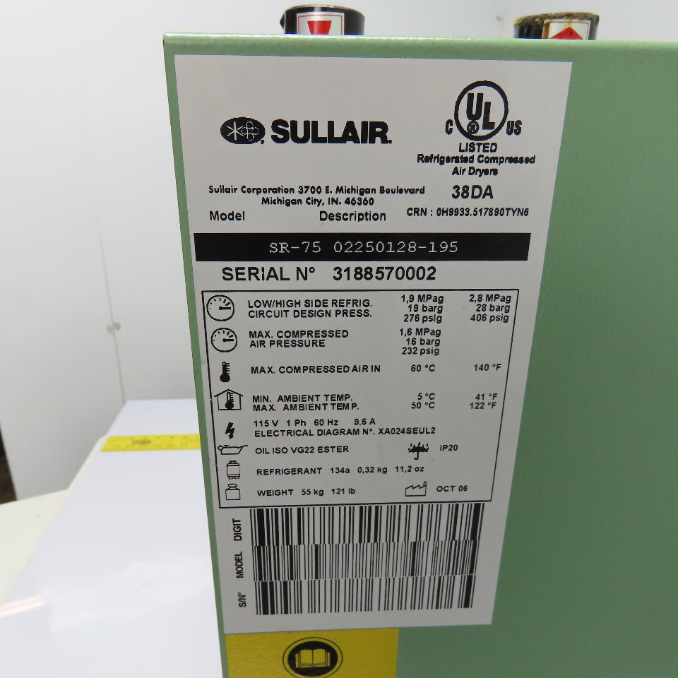 Sullair 38DA SR-75 Refrigerated Compressed Air Dryer 232 PSIG 115V 1Ph 70CFM