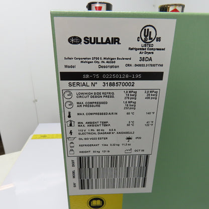 Sullair 38DA SR-75 Refrigerated Compressed Air Dryer 232 PSIG 115V 1Ph 70CFM