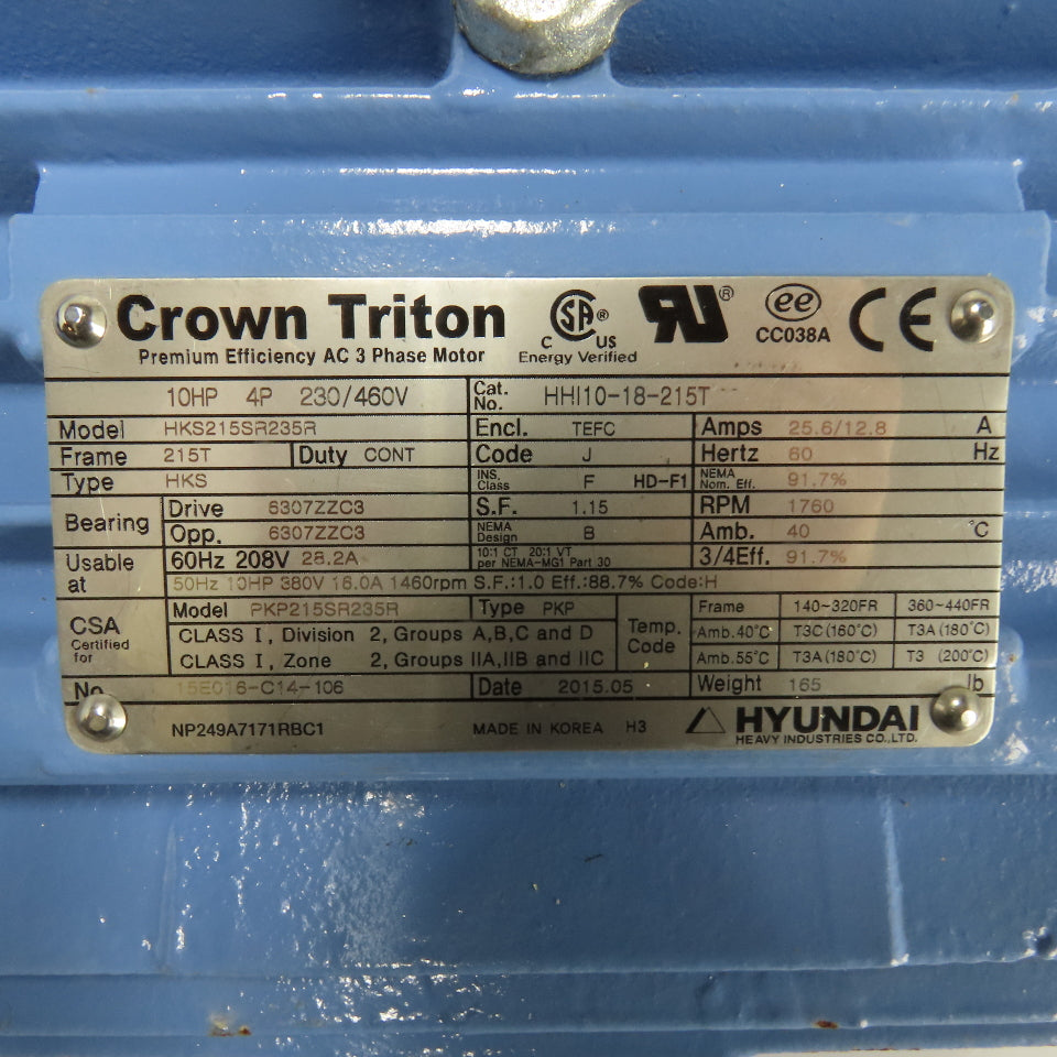 Hyundai HKS215SR235R 10HP AC Electric Motor 230/460V 3Ph 215T Frame 1760RPM
