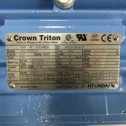 Hyundai HKS215SR235R 10HP AC Electric Motor 230/460V 3Ph 215T Frame 1760RPM
