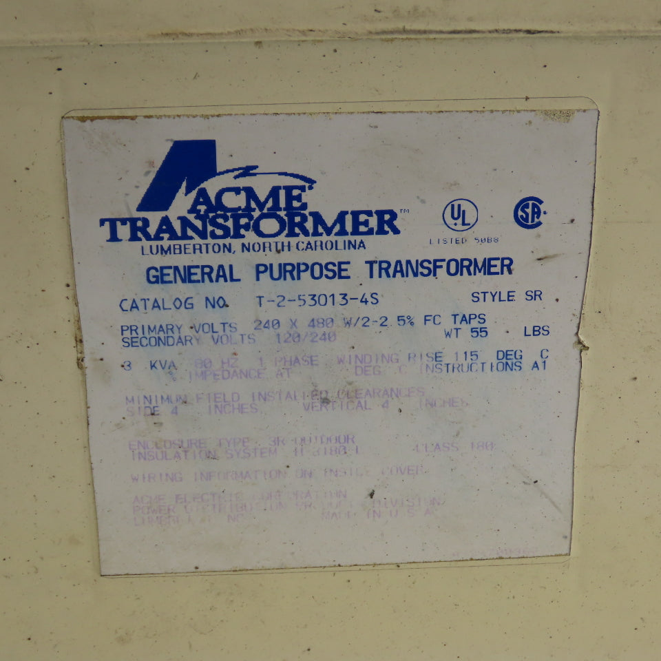 Acme T-2-53013-4S 3kVA General Purpose Transformer 240/480V Pri 120/240V Sec 1Ph