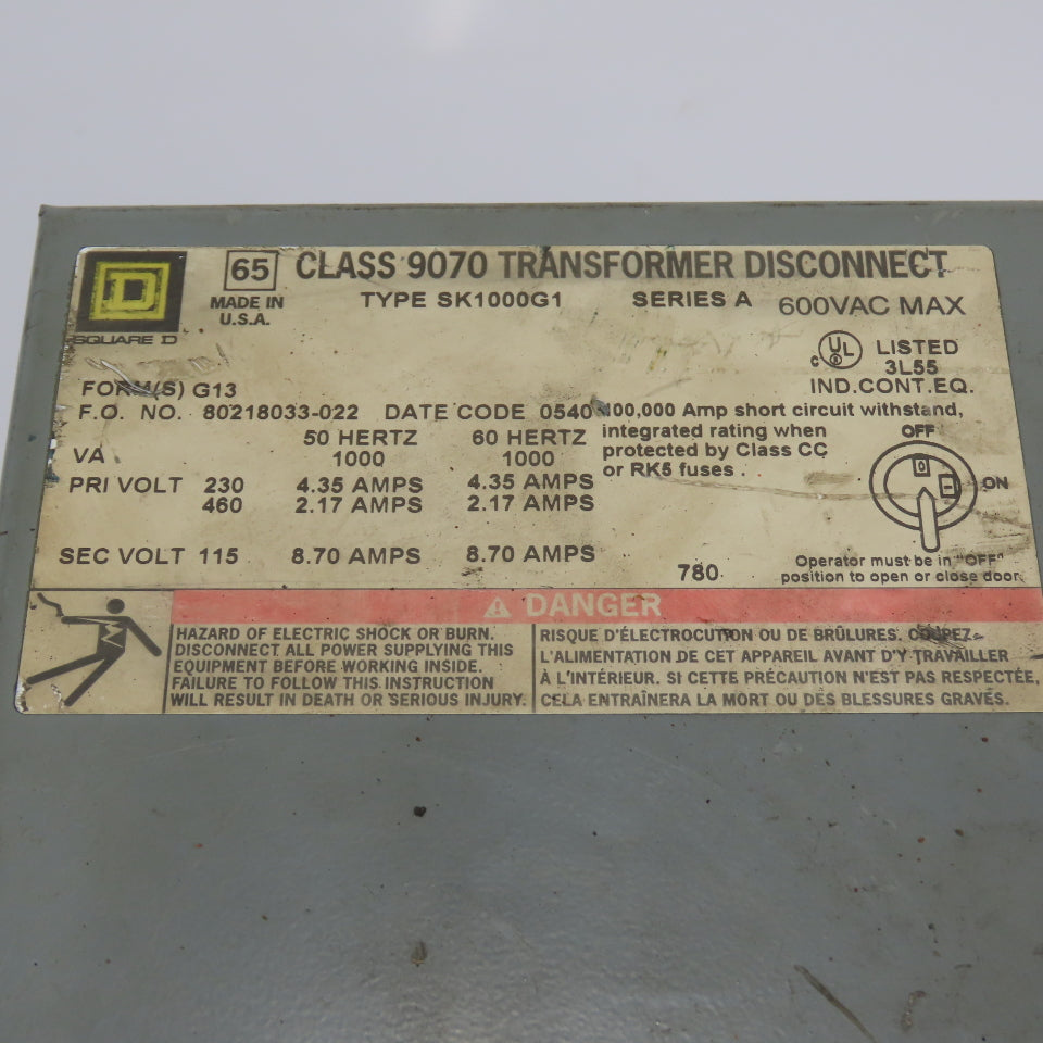 Square D SK1000G1 1kVA Transformer Disconnect 230/460V Primary 115V Secondary