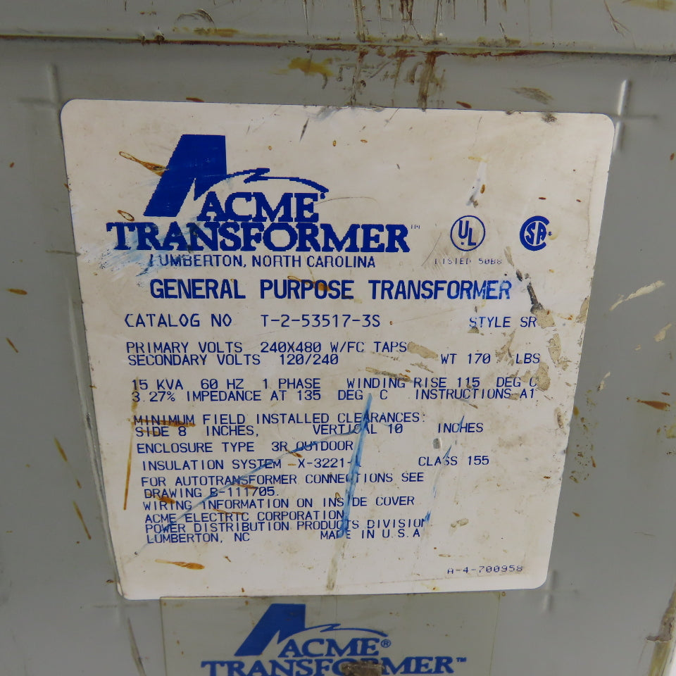 Acme T-2-53517-3S 15kVA 1Ph Shielded Transformer 240x480V Pri 120/240V Sec