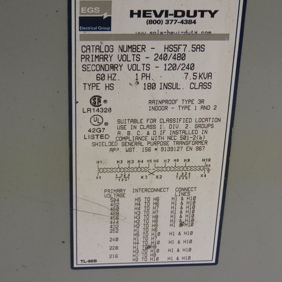Hevi-Duty HS5F7.5AS 7.5kVA General Purpose Transformer 240/480V Pri 120/240V Sec