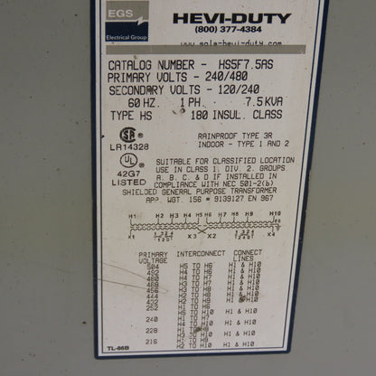 Hevi-Duty HS5F7.5AS 7.5kVA General Purpose Transformer 240/480V Pri 120/240V Sec