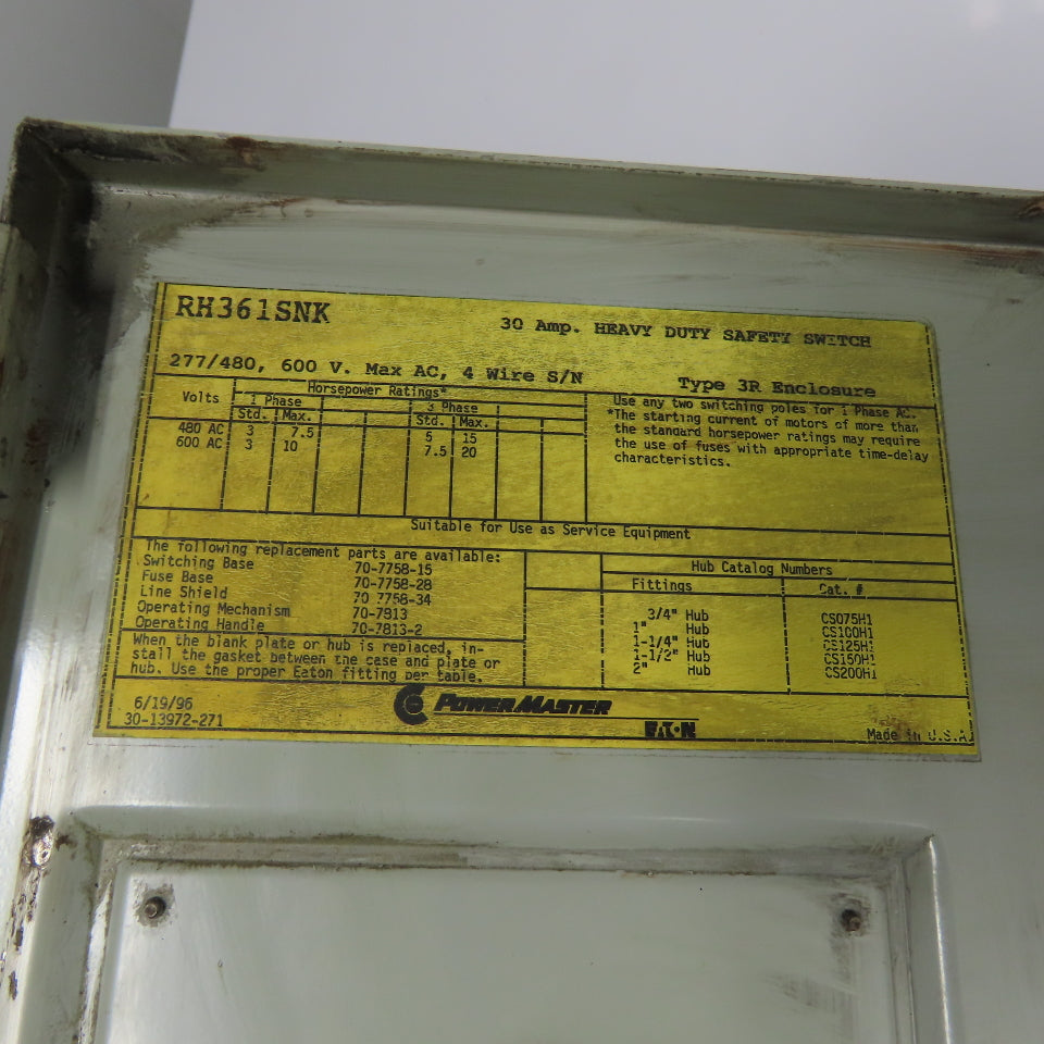 Eaton RH361SNK 30A 3-Pole Fusible Safety Disconnect Switch 600VAC