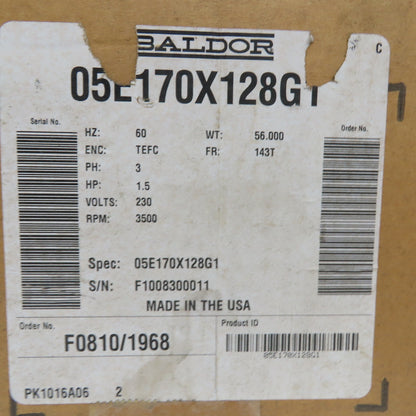 Baldor 05E170X128G1 1.5HP Electric Motor 230V 3Ph 3500RPM 143T Frame