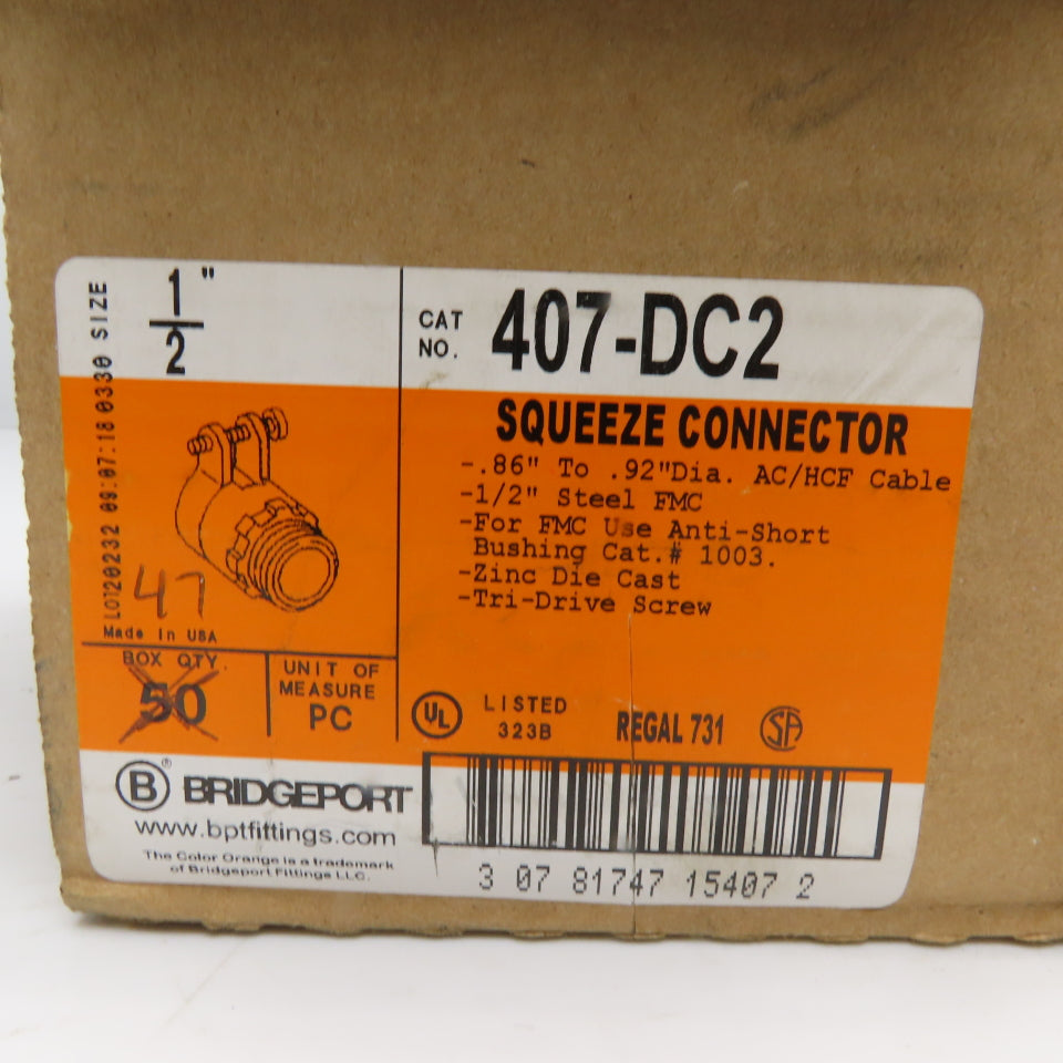 Bridgeport 407-DC2 1/2" FMC Squeeze Connectors Zinc Die Cast Lot of 47