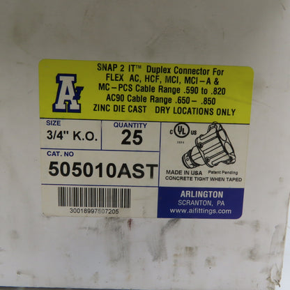 Arlington 505010AST 3/4" K.O. Snap 2 IT Duplex Connector Lot of 25