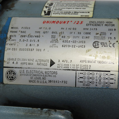 U.S. Motors F051B 1HP Centrifugal Blower 208-230/460V 3Ph 3475RPM