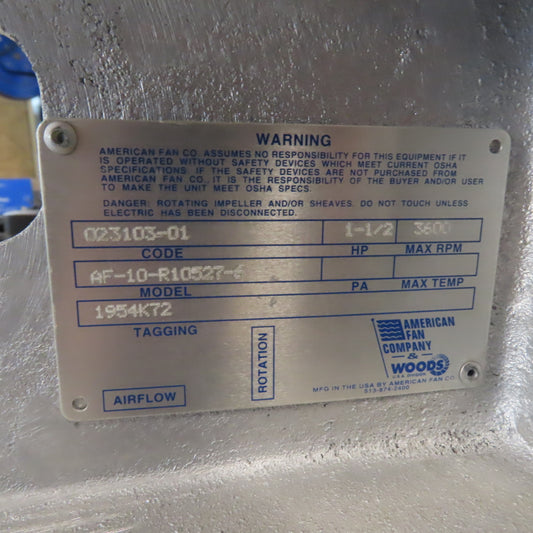 American Fan Co. AF-10-R10527-6 1.5HP Centrifugal Blower 230/460V 3Ph 3600RPM