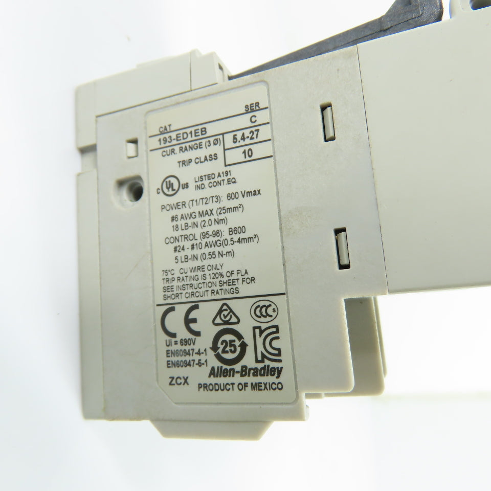 Allen-Bradley 193-ED1EB E1 Plus Electronic Overload Relay 5.4-27A 600V Trip Class 10