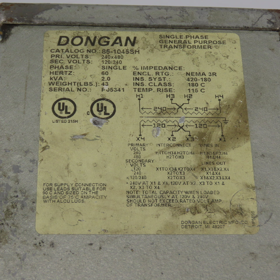 Dongan 85-1045SH 2kVA 1Ph General Purpose Transformer 240/480V Pri 120/240V Sec