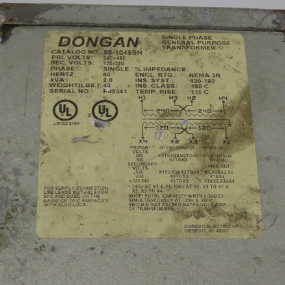 Dongan 85-1045SH 2kVA 1Ph General Purpose Transformer 240/480V Pri 120/240V Sec