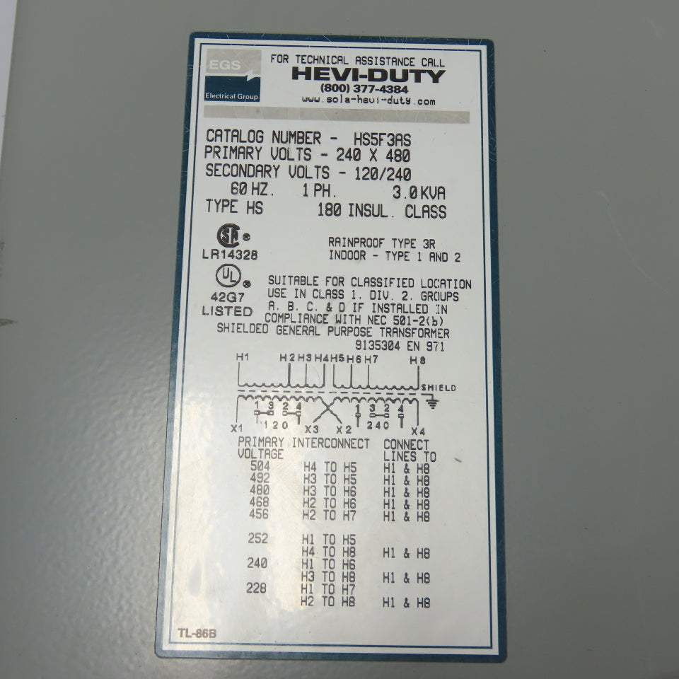Hevi-Duty HS5F3AS 3kVA 1Ph General Purpose Transformer 240x480V Pri 120/240V Sec