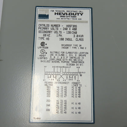 Hevi-Duty HS5F3AS 3kVA 1Ph General Purpose Transformer 240x480V Pri 120/240V Sec