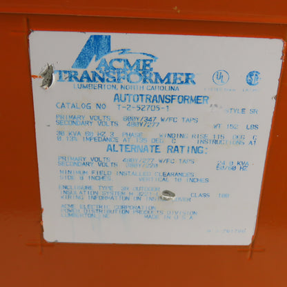 Acme T-2-52705-1 30KVA 3Ph Autotransformer 600Y/347V Pri 480Y/277V Tested