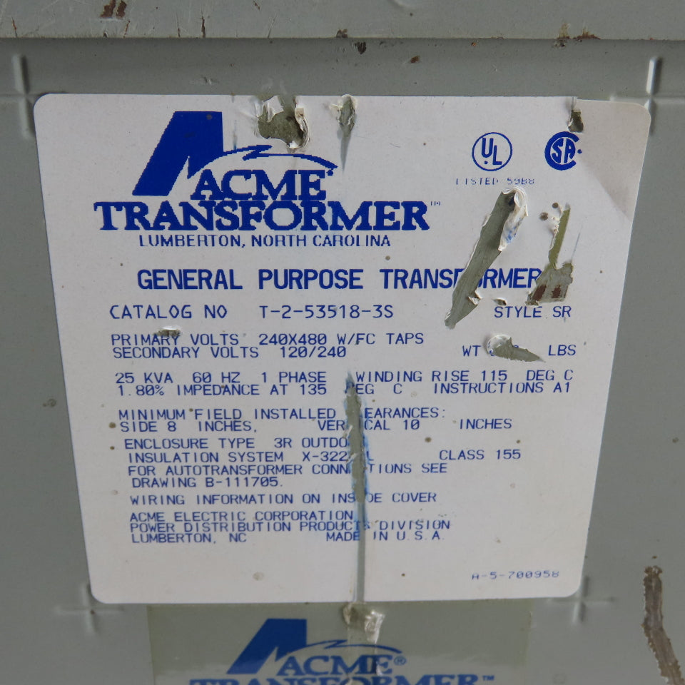 Acme T-2-53518-3S 25kVA General Purpose Transformer 240x480V Pri 120/240VSec 1Ph