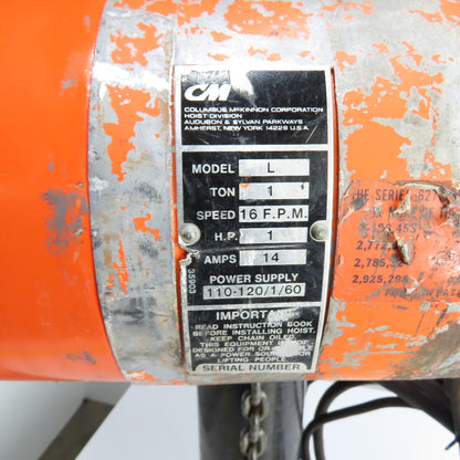 CM Loadstar Model L 1 Ton 2000LB Electric Chain Hoist 18' Lift 16FPM 1Ph 115V