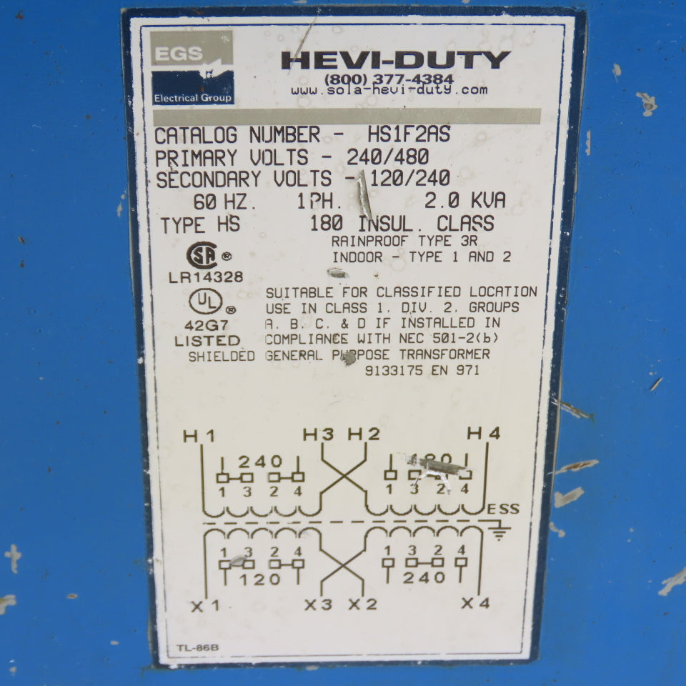 Hevi-Duty HS1F2AS 2kVA General Purpose Transformer 240x480V Pri 120/240V Sec