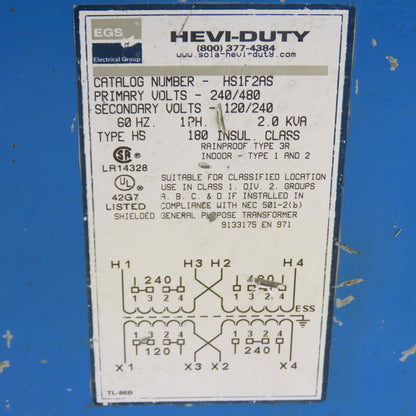 Hevi-Duty HS1F2AS 2kVA General Purpose Transformer 240x480V Pri 120/240V Sec