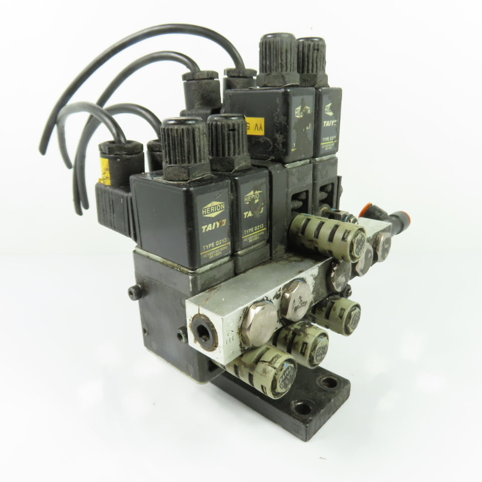 Herion Taiyo Type 0213 4-Station Solenoid Valve Manifold Block 100VAC Coil