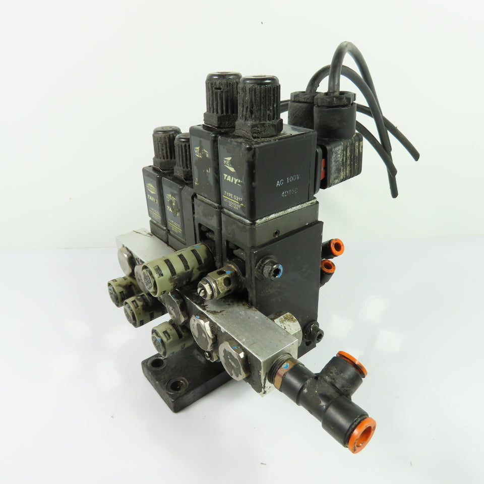 Herion Taiyo Type 0213 4-Station Solenoid Valve Manifold Block 100VAC Coil
