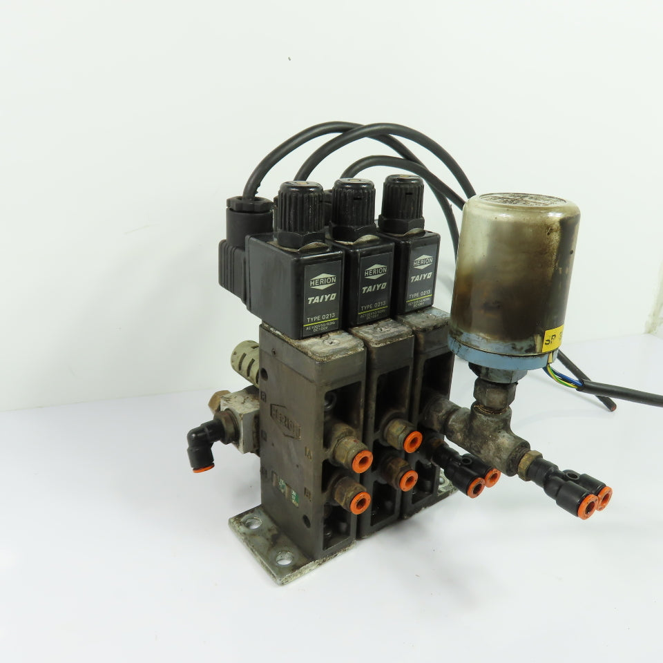 Herion Taiyo Type 0213 3-Station Solenoid Valve Manifold Block 100VAC Coil