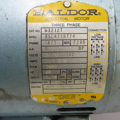 Baldor M3212T 5HP AC Electric Motor 208-230/460V 3Ph 182T Frame 3450RPM