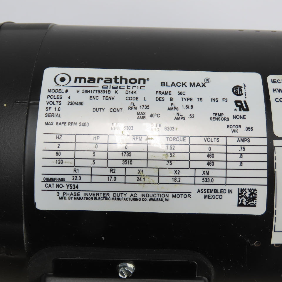 Marathon 56H17T5301B 1/2HP Inverter Duty Electric Motor 460V 3Ph 1735RPM 56C