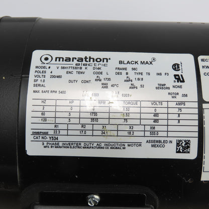 Marathon 56H17T5301B 1/2HP Inverter Duty Electric Motor 460V 3Ph 1735RPM 56C