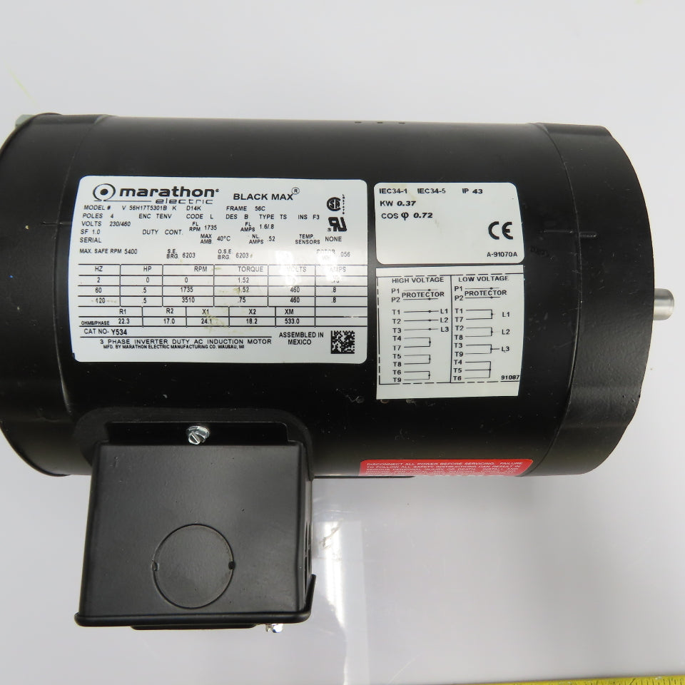 Marathon 56H17T5301B 1/2HP Inverter Duty Electric Motor 460V 3Ph 1735RPM 56C