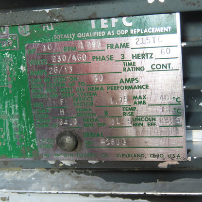 Lincoln Electric TF-4288C 10HP AC Electric Motor 230/460V 3Ph 215TC 1745RPM