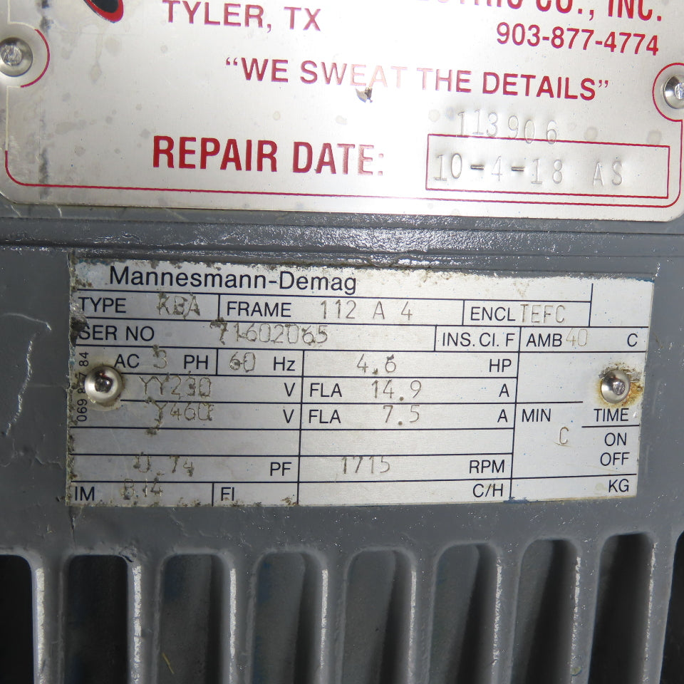 Demag KBA 112 A 4 4.6HP Crane Brake Motor 230/460V 3Ph 1715RPM 112 Frame Tested
