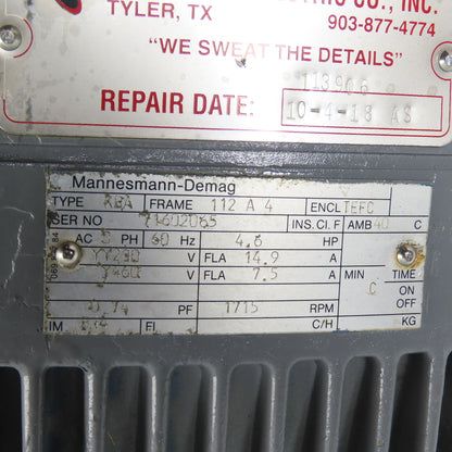 Demag KBA 112 A 4 4.6HP Crane Brake Motor 230/460V 3Ph 1715RPM 112 Frame Tested