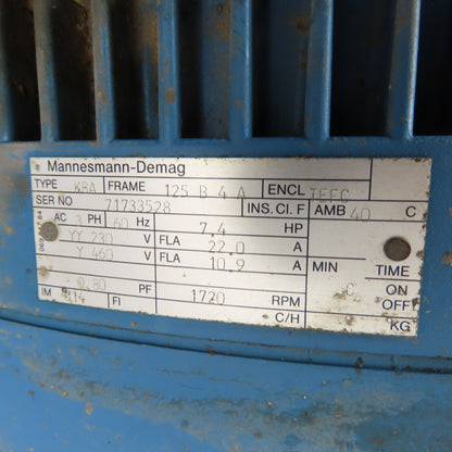 Demag KBA 125 B 4 A 7.4HP Crane Brake Motor 230/460V 3Ph 1720RPM 125 B 4 A Frame