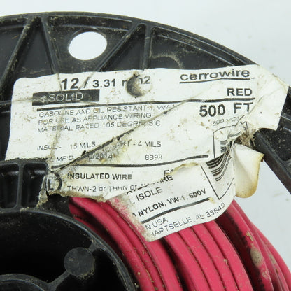 Cerrowire 12 AWG 600V Solid THHN THWN-2 AWM Red Electrical Wire 300'