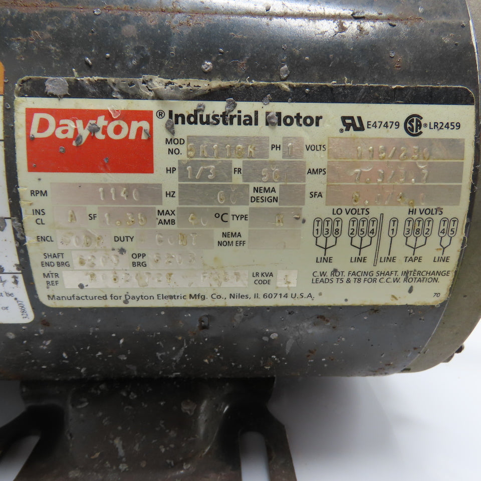 Dayton 5K118K 1/3HP Electric Motor 115/230V 1Ph 1140RPM 56 Frame