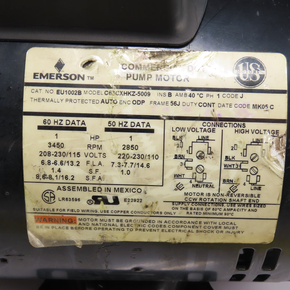 Emerson EU1002B 1HP Commercial Duty Pump Motor 3450RPM 115/208-230V 56J 1Ph