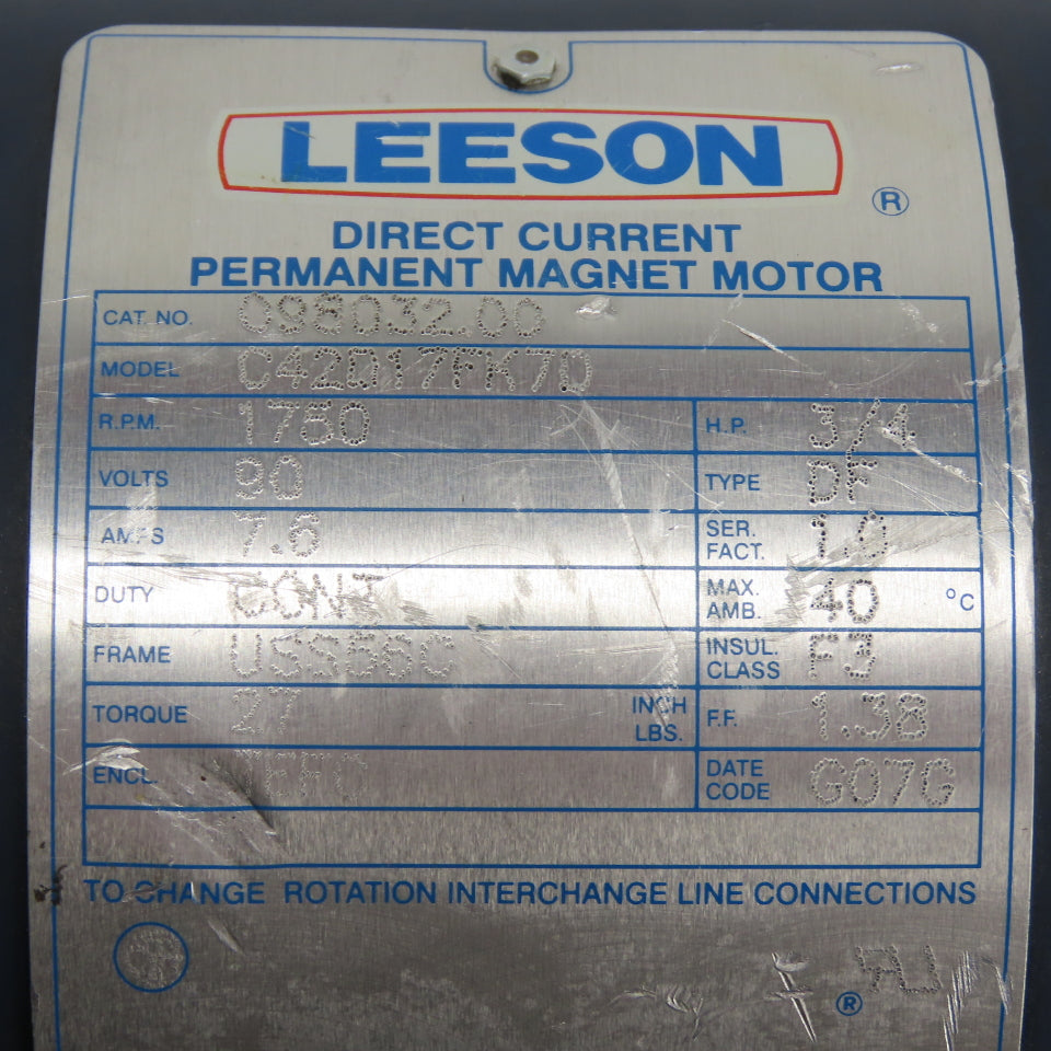 Leeson C42D17FK7D 3/4HP DC Magnet Electric Motor 90V 1750RPM USS56C Frame
