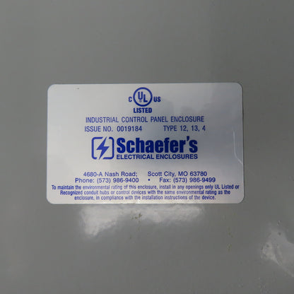 Shaefers 30" x 24" x 8" NEMA 12 13 4 Electrical Enclosure W/ Backplate