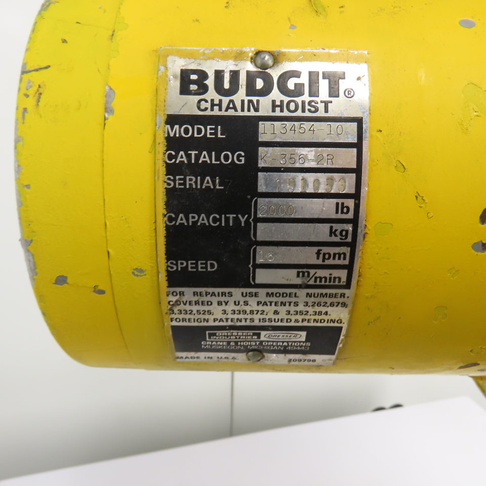 Budgit 113454-10 1 Ton 2000LB Electric Chain Hoist 10' Lift 230/460V 3Ph 16FPM