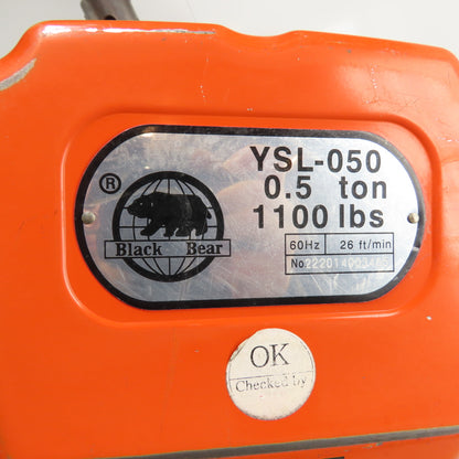 Black Bear YSL-050 1/2 Ton 1000Lb Electric Chain Hoist 10' Lift 230/460V 26FPM