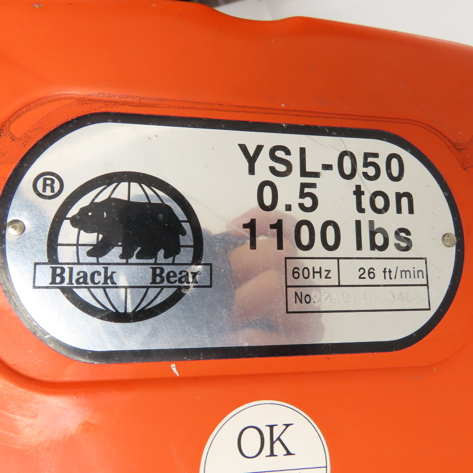Black Bear YSL-050 1/2 Ton 1000Lb Electric Chain Hoist 10' Lift 230/460V 26FPM