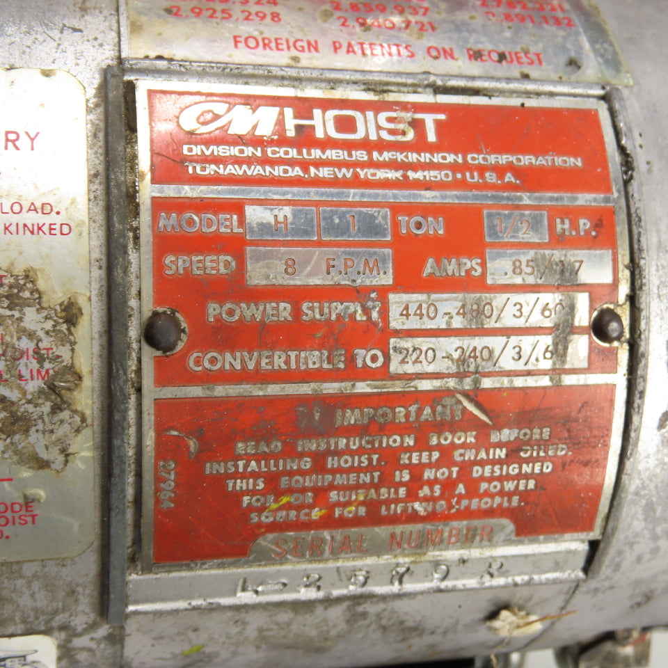 CM Lodestar Model H 1 Ton 2000LB Electric Chain Hoist 10' Lift 220/460V 3Ph 8FPM