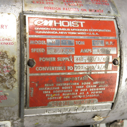 CM Lodestar Model H 1 Ton 2000LB Electric Chain Hoist 10' Lift 220/460V 3Ph 8FPM