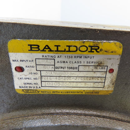 Baldor F921C-40-80G-J 40:1 Ratio Right Angle Gear Reducer 43.75RPM 630In-Lb