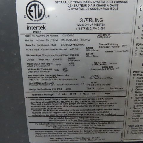 Sterling QVSD400 400,000 BTU Natural Gas Separated Combustion Duct Furnace 115V
