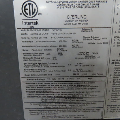 Sterling QVSD400 400,000 BTU Natural Gas Separated Combustion Duct Furnace 115V